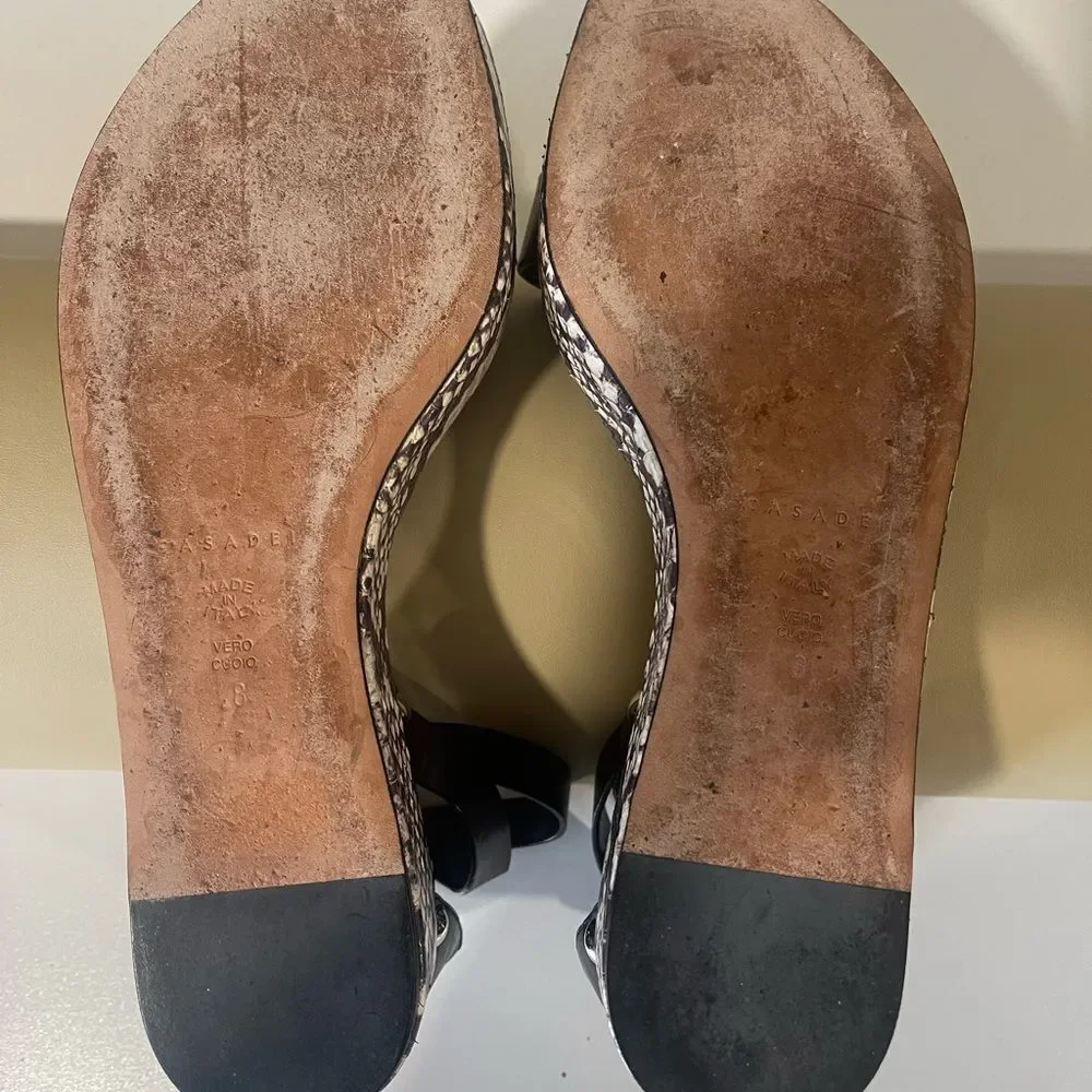 Black Casadei sandal with with python wedge. Size 8
